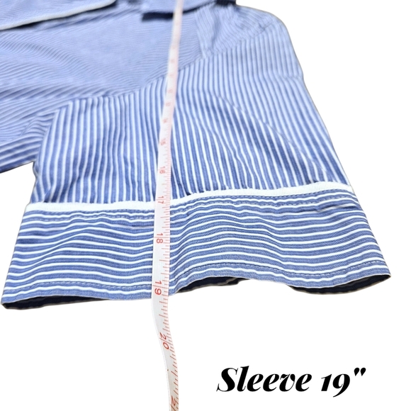 Chico's Blue White Stripe Button Front Shirt 2 / L Cotton Piping Coastal Preppy - Picture 13 of 13